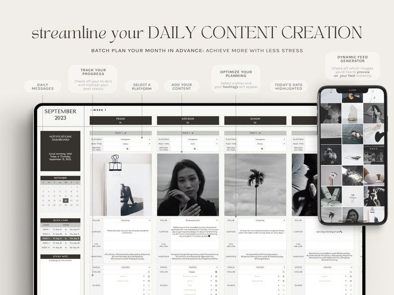Op de afbeelding: Een zwart-witte contentkalender voor september 2023 met een wekelijkse lay-out. Elke dag heeft een sectie voor posttype, platform, bijschrift, call to action, link in bio, hashtags en notities. De kalender bevat ook een sectie voor meldingen en een dynamische feedgenerator.