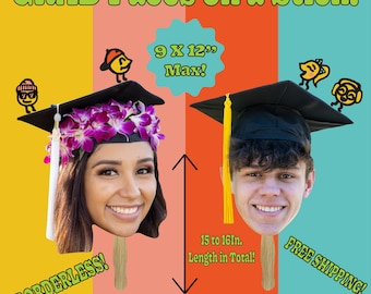 Custom Grad Cap Head on a Stick Personalized Graduation Prop for Parties & Events Photo Booth  Cutout Graduation Cap Face on a Stick | 9x12&quot;