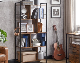 Rustic Bookcase Dark Wood Industrial Bookshelf 5 Tier Storage 150cm Height Shelving Unit