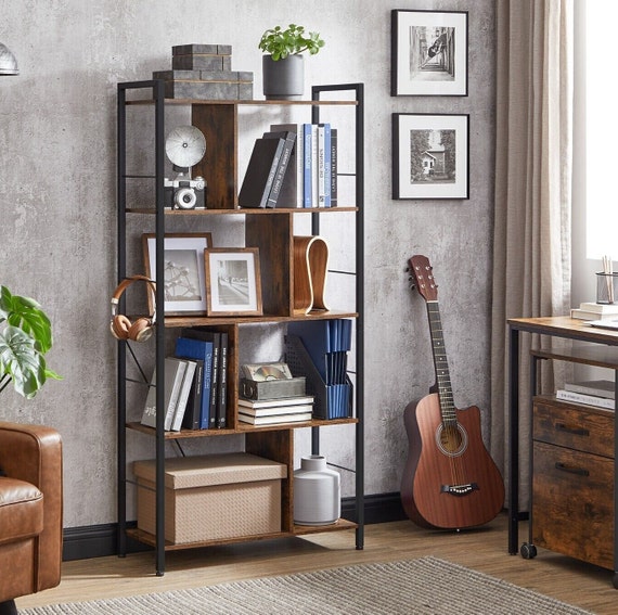 Rustic Bookcase Dark Wood Industrial Bookshelf 5 Tier Storage 150cm Height Shelving Unit