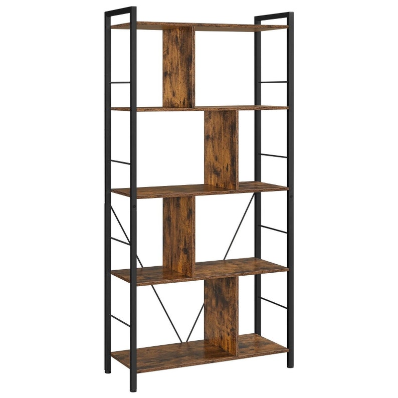 May include: A brown wooden bookshelf with a black metal frame. The bookshelf has five shelves and a distressed wood finish.