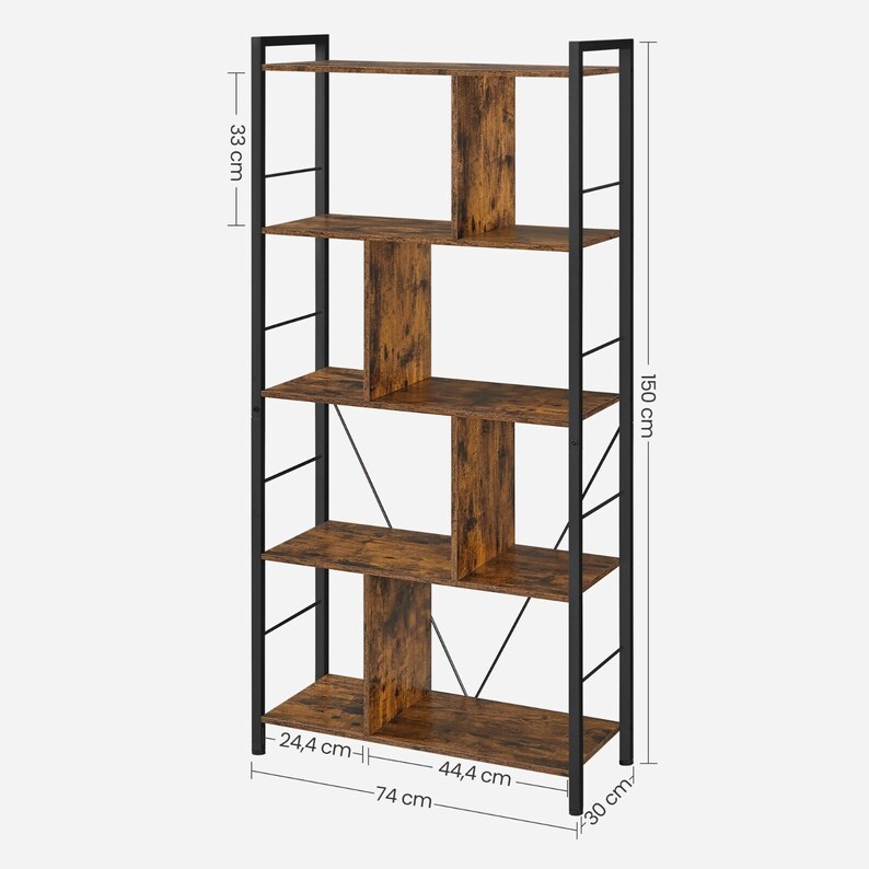 May include: A brown wooden bookshelf with black metal frame. The bookshelf has five shelves and measures 33 inches tall, 30 inches wide, and 150 inches long.