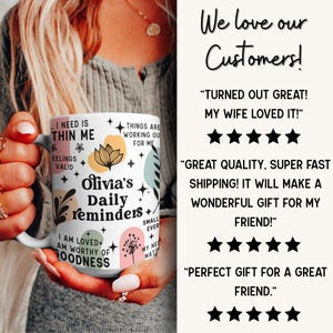 May include: White ceramic mug with the text "Olivia's Daily reminders+" and inspirational phrases. The mug features a floral design and pastel color accents. A perfect gift for a friend or loved one.