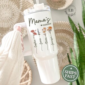 Custom Mama&#39;s Garden Birth flower custom Childrens names travel cup, Custom 40 oz tumbler for mom, mothers day gift for mom, mama tumbler