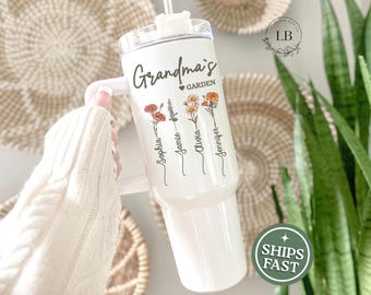 Grandma's Garden Birth flower custom grandkids names travel cup, Custom 40 oz tumbler for grandparent, Gigi Mimi Nana Mama mothers day gift