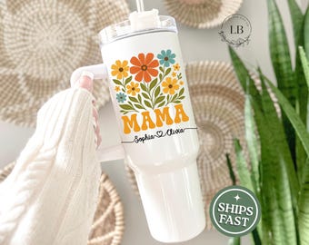 Custom mom 40 oz. tumbler with handle, Cute mama tumbler with kids names, Personalizable mama travel cup, new mom gift, mothers day gift