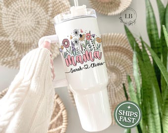 Custom mom 40 oz. tumbler with handle, Cute mama tumbler with kids names, Personalizable mama travel cup, new mom gift, mothers day gift