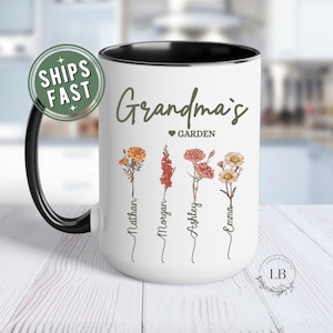 Grandma's Garden Birth flower custom grandkids names mug, Custom coffee cup for grandparent, Gigi Mimi Nana mothers day gift