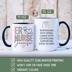 Puede incluir: Dos tazas de cer&aacute;mica blanca con asas y bordes azul marino. Una taza dice "ER NURSE Jennifer" con un estetoscopio y un coraz&oacute;n. La otra taza tiene "ER" y un s&iacute;mbolo m&eacute;dico, con texto sobre el cuidado del paciente. Una taza es de 312 ml, la otra de 425 ml.