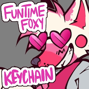 Könnte beinhalten: Rosafarbener Funtime Foxy Schlüsselanhänger mit herzförmigen Sonnenbrillen und dem Text "Funtime Foxy Keychain".