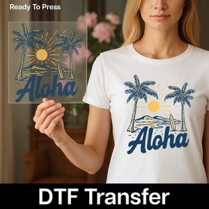 Aloha DTF Transfer for T-Shirts – Hawaiian Sunset Palm Tree Design, Premium Heat Press Decal, Summer Beach Vacation Shirt Art