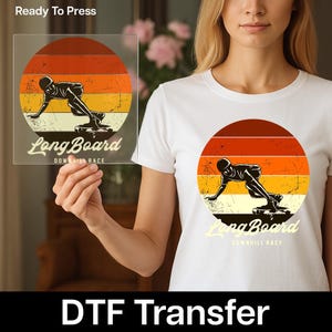 DTF Transfer Longboard Skater Design – Retro Downhill Skateboarding Print for DIY Shirts, Easy Heat Press Transfer