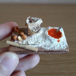 1:12 scale Dollhouse miniature pasta making prep board / cracked eggs shells / eggs in flour well / miniature Italian food / OOAK