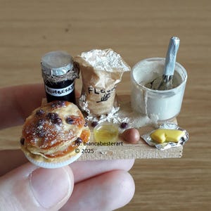 1:12 scale Dollhouse miniature Blueberry pancakes preparation board / miniature butter / flour / pancake batter / whisk / egg / OOAK