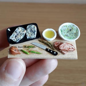 1:12 scale Gorgonzola dip prep board / Dollhouse miniature Blue cheese dip preparation board / miniature food / French cuisine / OOAK