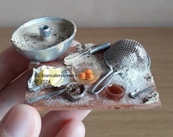 1:12 scale Dollhouse miniature Cake preparation board / Cake batter / Whisk / Sieve / Eggs / Baking / Handmade / OOAK
