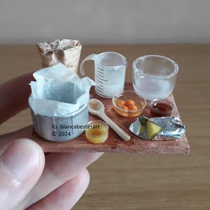 1:12 scale Dollhouse miniature Cake preparation board / Eggs / Flour / Jug of milk / Butter / Wooden spoon / Baking / Handmade / OOAK