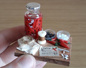 Dollhouse miniature Canned Preserved Chillies in jar preparation board / Homestead living / Cottage life / Miniature food / OOAK