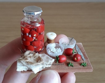 Dollhouse miniature Canned Preserved Tomatoes in jar preparation board / Homestead living / Cottage core / Miniature food / OOAK