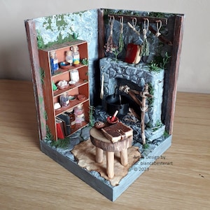 Handmade Witch hut Diorama / bookend / book nook - with LEDs / Hearth / Fireplace / Alchemist / Witch cottage / Black cauldron / OOAK