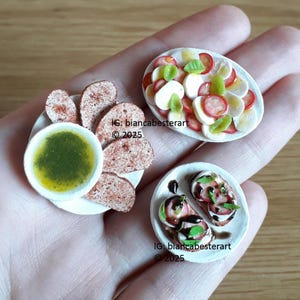 3pc - 1:12 scale Dollhouse miniature Italian cuisine food / Caprese salad / Olive oil bread dip / Bruschetta / starters / meal