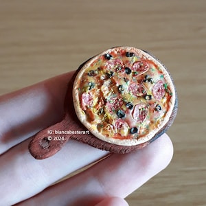 Dollhouse miniature pepperoni olive pizza on wooden pizza peel / Miniature food / Italian food / Doll food