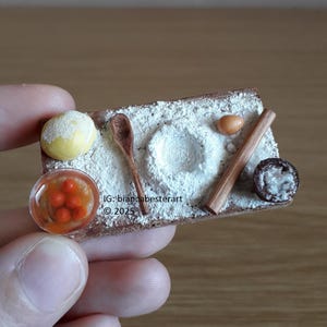 1:12 scale Dollhouse miniature Pasta making preparation board / flour / eggs / wooden spoon / pasta dough / rolling pin / Italian food /OOAK