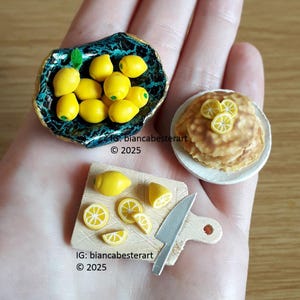3pc - 1:12 scale Dollhouse miniature lemon prep board / Lemon fruit bowl / Lemon pancakes stack / miniature food / miniature lemon slices