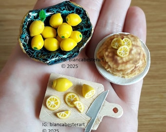 3pc - 1:12 scale Dollhouse miniature lemon prep board / Lemon fruit bowl / Lemon pancakes stack / miniature food / miniature lemon slices