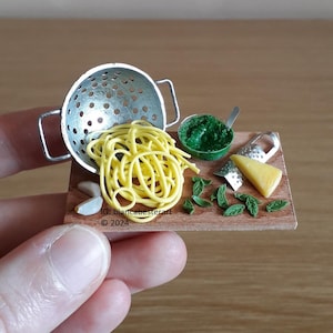 Dollhouse miniature Italian Basil Pesto pasta preparation board / Colander / Grater / Parmesan cheese / Miniature Italian cuisine food /OOAK