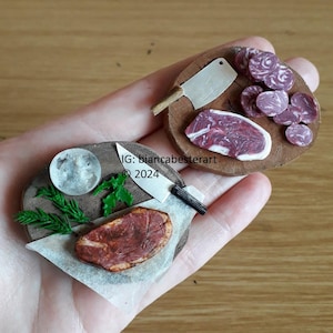 2pc - Dollhouse miniature steak preparation boards / butchers block / seasoned steak / miniature beef / doll food / miniature knife