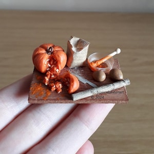 1:12 scale Dollhouse miniature Pumpkin Pie Preparation board / Miniature food / Orange Pumpkin pie baking / Flour / Eggs / OOAK / Halloween