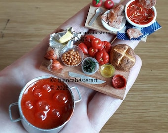 3pc - 1:12 scale Dollhouse miniature tomato soup preparation boards and bubbling pot / miniature food / dinner for one