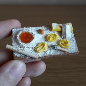 1:12 scale Dollhouse miniature pasta dough making prep board / eggs in flour well / pasta scraper / pasta cutter / miniature food / OOAK