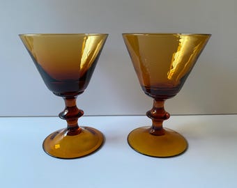 Mid Century Modern Amber Glass Goblets - Set of 2