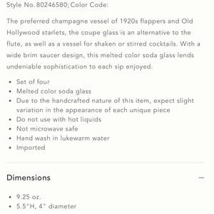 May include: Product details for a set of four melted color soda glasses. Each glass has a wide brim saucer design. The dimensions are 5.5 inches high and 4 inches in diameter.