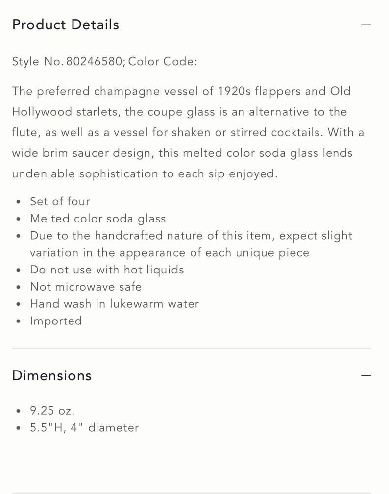May include: Product details for a set of four melted color soda glasses. Each glass has a wide brim saucer design. The dimensions are 5.5 inches high and 4 inches in diameter.