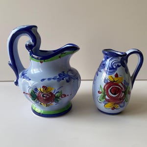 Set of 2 Vintage Vestal Alcobaca Small Mini Pitchers Hand Paintd in Portugal, Signed