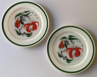 Hand Painted Milk Glass 9” Plates w Red Lily and Dark Green Rim