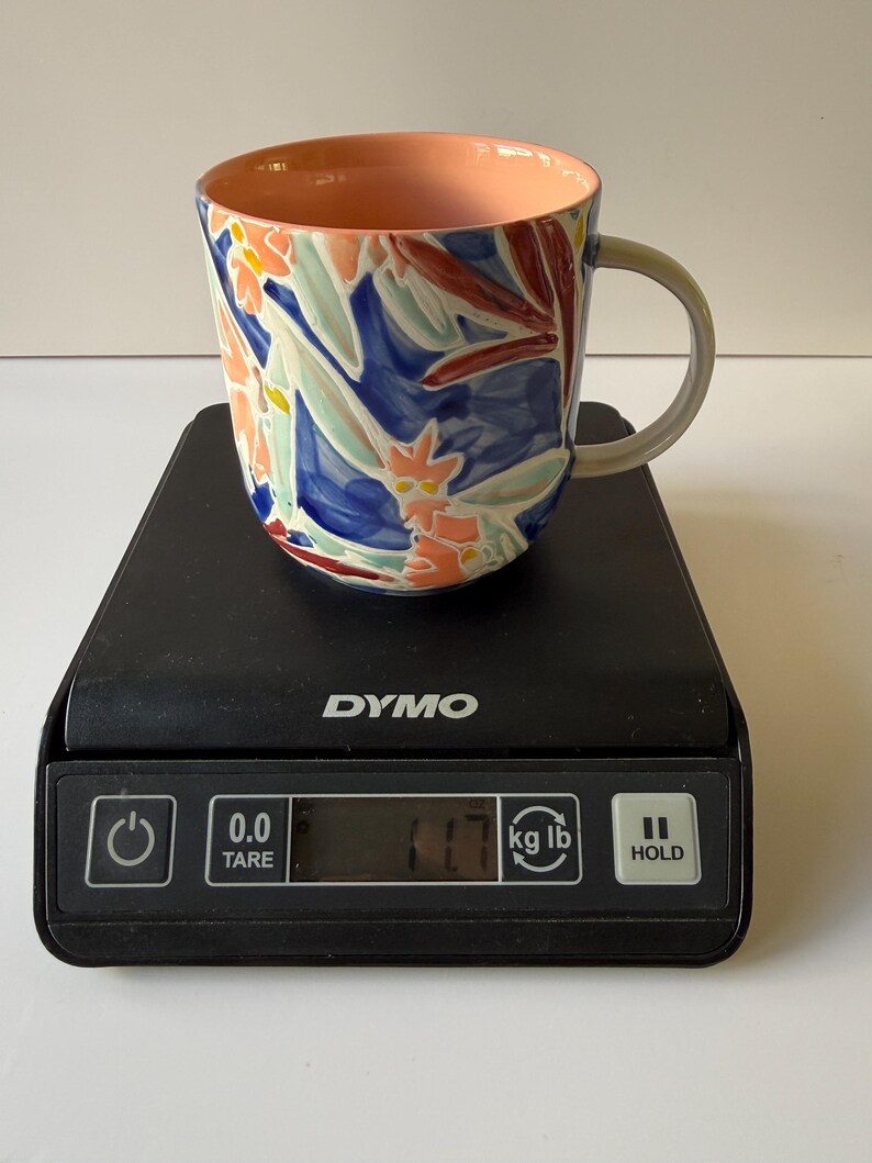 Puede incluir: Una taza de cer&aacute;mica con un dise&ntilde;o floral en tonos azules, naranjas y verdes. El interior es color melocot&oacute;n y el asa es gris. La taza est&aacute; sobre una b&aacute;scula digital negra, que marca 5,3 kg.