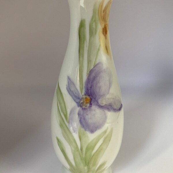 Vintage Hand-Painted Porcelain Floral Iris Bud Vase 6.5” H Signed by Artist