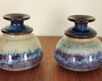 Pair of Vintage Ceramic Art Pottery Candlestick Holders with blue, green and purple glaze