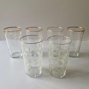 Vintage MCM Libbey Bundes Hazel Atlas Style Klare Trinkgläser mit mattweißem Blumenmuster & Goldrand 4,75 ”H 6er-Set
