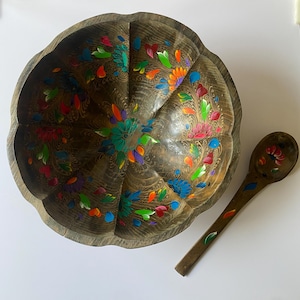 Vintage Mexican Toleware Wood Salad Bowl & Spoon Hand Painted Folk Art Flowers 13.75 W x 5.25” H