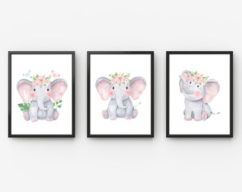 Baby Elephant Girl Pink  A5 A4 A3  Nursery Set Of 3 Prints Pink Animal Bedroom Prints  Nursery Art Elephant Wall Art For Baby Girl Nursery