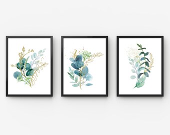 Watercolour Botanical Print Set of 3,Eucalyptus Wall Art, Botanical Prints, Bedroom Prints, Above Bed, Blue Prints, Plants Art, Home Décor