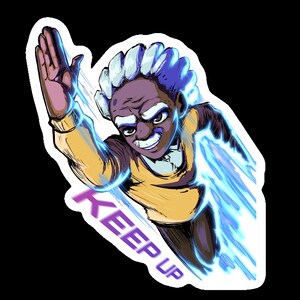 May include: A sticker featuring a cartoon illustration of a person with white hair and a yellow shirt, with the text "KEEP UP" in purple. The person is depicted with a determined expression and blue energy streaks.