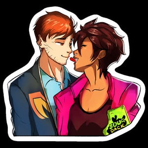 May include: A sticker featuring two people in a romantic embrace. One person has red hair and a blue jacket with a yellow emblem. The other person has short brown hair and a pink jacket, holding a green bag of "SOUR DACK" candy.