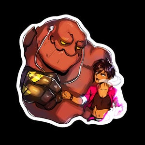 May include: A digital illustration of a large, red, rock-like figure wearing earbuds, next to a person in a pink jacket exhaling smoke. The artwork is set against a black background.