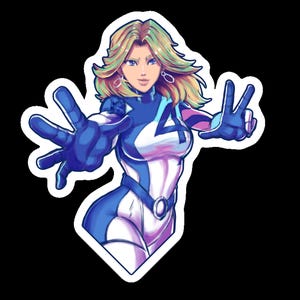 May include: A woman in a blue and white superhero costume with the number "4" on her chest. She has long blonde hair and is wearing earrings. She is posing with her arms outstretched, as if she is about to fly.